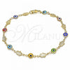 Oro Laminado Fancy Anklet, Gold Filled Style Evil Eye and Hand of God Design, Multicolor Resin Finish, Golden Finish, 03.326.0007.2.10