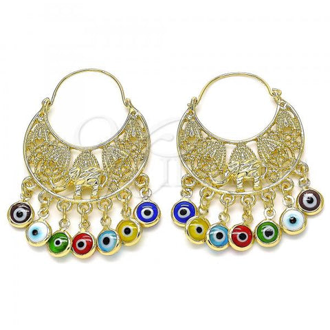 Oro Laminado Long Earring, Gold Filled Style Elephant and Evil Eye Design, Multicolor Resin Finish, Golden Finish, 02.380.0057