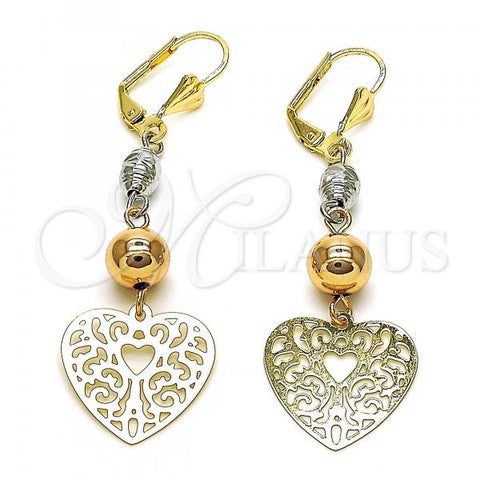 Oro Laminado Long Earring, Gold Filled Style Heart and Tree Design, Polished, Tricolor, 02.213.0450