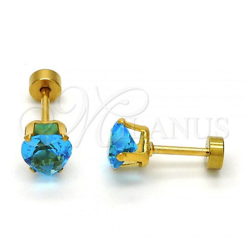 Stainless Steel Stud Earring, Heart Design, with Blue Topaz Cubic Zirconia, Polished, Golden Finish, 02.271.0009.7