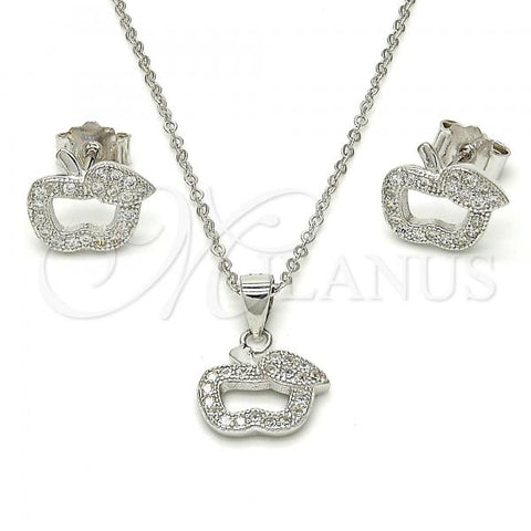 Sterling Silver Earring and Pendant Adult Set, Apple Design, with White Micro Pave, Polished, Rhodium Finish, 10.174.0259
