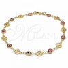 Oro Laminado Fancy Anklet, Gold Filled Style Evil Eye and Four-leaf Clover Design, Red Resin Finish, Golden Finish, 03.326.0011.1.10