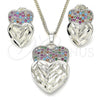 Rhodium Plated Earring and Pendant Adult Set, Heart Design, with Multicolor Cubic Zirconia, Diamond Cutting Finish, Rhodium Finish, 10.233.0040.4