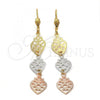Oro Laminado Long Earring, Gold Filled Style Strawberry Design, Diamond Cutting Finish, Tricolor, 5.077.012
