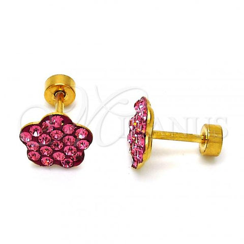 Stainless Steel Stud Earring, Flower Design, with Pink Crystal, Polished, Golden Finish, 02.271.0020.8