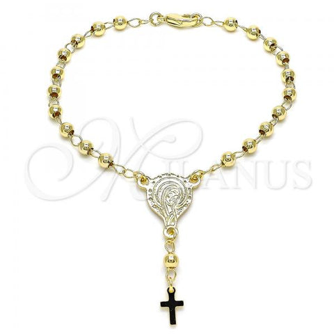 Oro Laminado Bracelet Rosary, Gold Filled Style Altagracia and Cross Design, Polished, Golden Finish, 09.213.0030.08