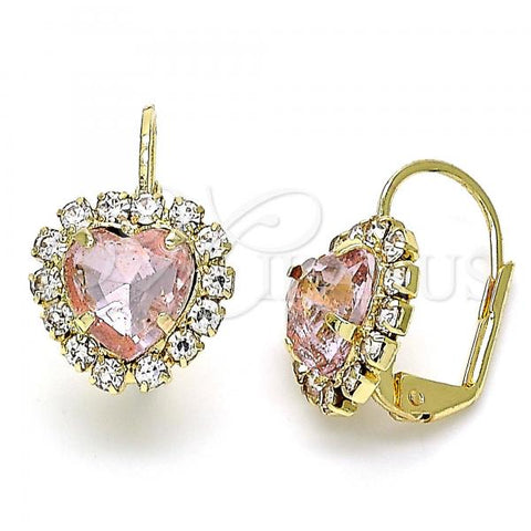 Oro Laminado Leverback Earring, Gold Filled Style Heart Design, with Rose and White Crystal, Polished, Golden Finish, 02.122.0111.2