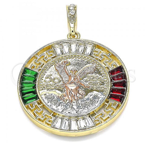 Oro Laminado Religious Pendant, Gold Filled Style Centenario Coin and Angel Design, with Garnet and Green Crystal, Polished, Tricolor, 05.380.0026.1