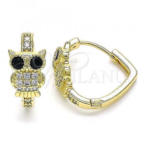 Oro Laminado Huggie Hoop, Gold Filled Style Owl Design, with White Micro Pave and Black Cubic Zirconia, Polished, Golden Finish, 02.210.0585.20