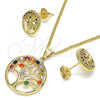 Oro Laminado Earring and Pendant Adult Set, Gold Filled Style Tree Design, with Multicolor Micro Pave, Polished, Golden Finish, 10.156.0255.1