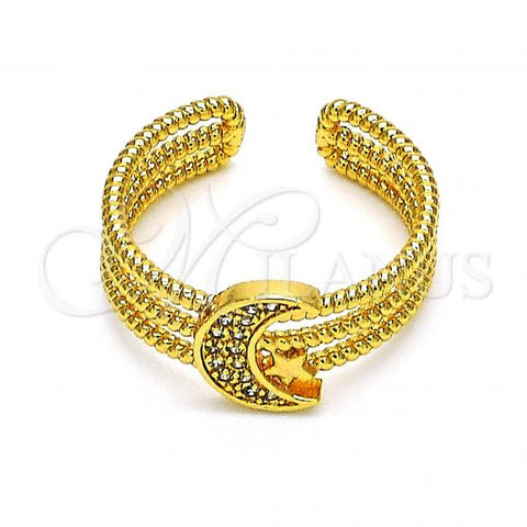 Oro Laminado Multi Stone Ring, Gold Filled Style Moon and Star Design, with White Micro Pave, Polished, Golden Finish, 01.310.0018
