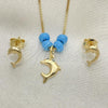 Oro Laminado Earring and Pendant Adult Set, Gold Filled Style Dolphin and Box Design, with Aquamarine Opal, Polished, Golden Finish, 10.09.0041