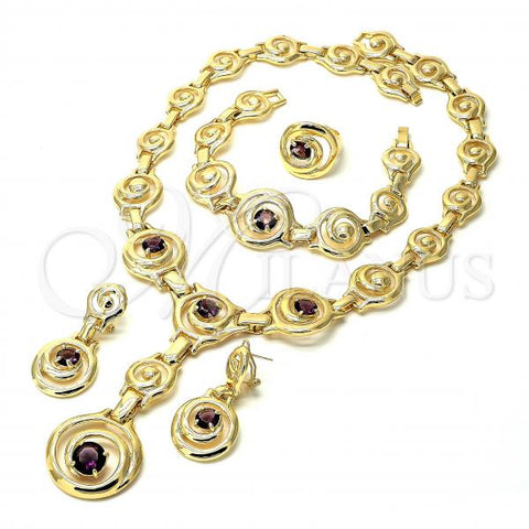 Oro Laminado Necklace, Bracelet, Earring and Ring, Gold Filled Style Spiral Design, with Amethyst Cubic Zirconia, Polished, Golden Finish, 06.59.0066