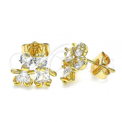 Oro Laminado Stud Earring, Gold Filled Style Little Boy and Little Girl Design, with White Cubic Zirconia, Polished, Golden Finish, 02.387.0021