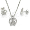 Rhodium Plated Earring and Pendant Adult Set, Owl Design, with White Cubic Zirconia, Polished, Rhodium Finish, 10.156.0093