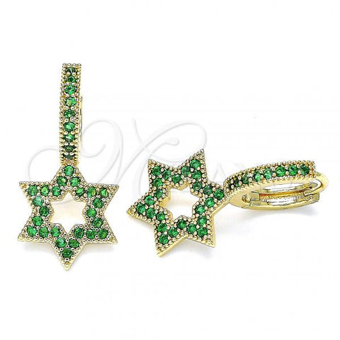 Oro Laminado Huggie Hoop, Gold Filled Style Star of David Design, with Green Micro Pave, Polished, Golden Finish, 02.210.0472.2.15