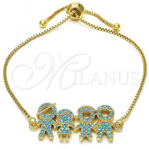Oro Laminado Adjustable Bolo Bracelet, Gold Filled Style Little Boy and Little Girl Design, with Turquoise Cubic Zirconia, Polished, Golden Finish, 03.316.0020.2.10