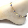 Oro Laminado Fancy Anklet, Gold Filled Style Evil Eye and Hand of God Design, Blue Resin Finish, Golden Finish, 03.326.0007.1.10