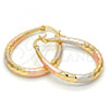 Oro Laminado Medium Hoop, Gold Filled Style Teardrop and Hollow Design, Diamond Cutting Finish, Tricolor, 02.170.0083.1.30