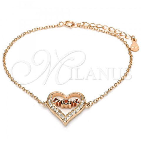 Sterling Silver Fancy Bracelet, Heart and Mom Design, with White Cubic Zirconia, Polished, Rose Gold Finish, 03.336.0038.1.07