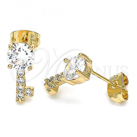 Oro Laminado Stud Earring, Gold Filled Style key Design, with White Cubic Zirconia, Polished, Golden Finish, 02.213.0173