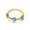 Oro Laminado Elegant Ring, Gold Filled Style Evil Eye and Heart Design, with White Micro Pave, Light Blue Enamel Finish, Golden Finish, 01.213.0023.1.09