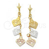 Oro Laminado Long Earring, Gold Filled Style Heart Design, Diamond Cutting Finish, Tricolor, 85.003