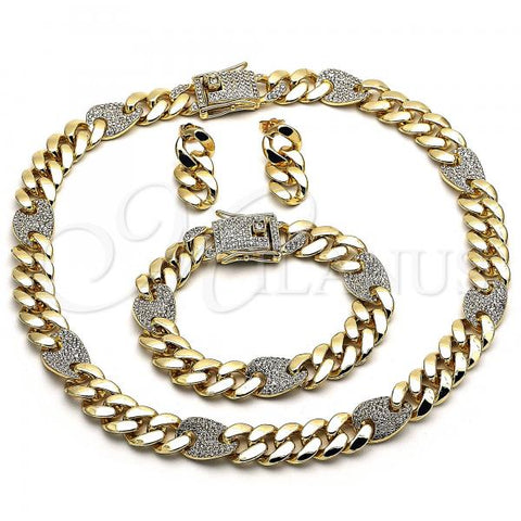 Oro Laminado Necklace, Bracelet and Earring, Gold Filled Style Puff Mariner Design, with White Crystal, Polished, Golden Finish, 06.372.0050