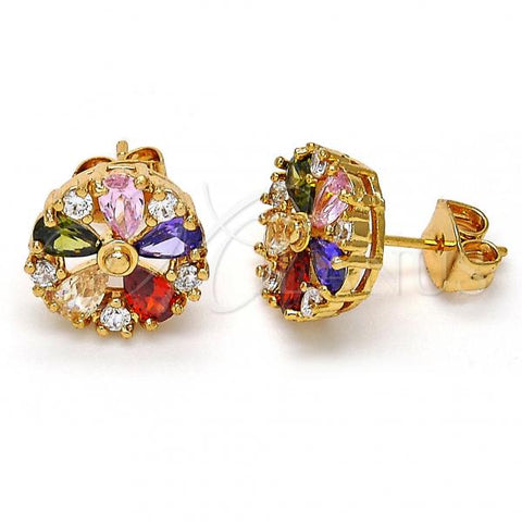 Oro Laminado Stud Earring, Gold Filled Style Flower Design, with Multicolor Cubic Zirconia, Polished, Golden Finish, 02.210.0040.1