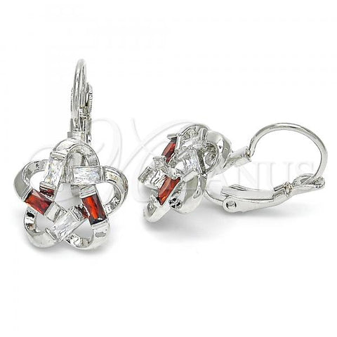 Rhodium Plated Leverback Earring, Flower Design, with Garnet and White Cubic Zirconia, Polished, Rhodium Finish, 02.210.0214.5