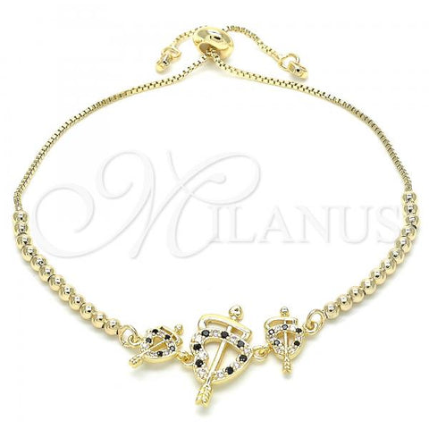 Oro Laminado Adjustable Bolo Bracelet, Gold Filled Style Heart Design, with Black and White Cubic Zirconia, Polished, Golden Finish, 03.233.0017.2.12
