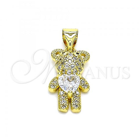 Oro Laminado Fancy Pendant, Gold Filled Style Teddy Bear Design, with White Cubic Zirconia and White Micro Pave, Polished, Golden Finish, 05.341.0051
