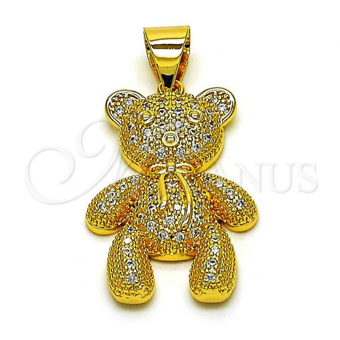 Oro Laminado Fancy Pendant, Gold Filled Style Teddy Bear and Bow Design, with White Micro Pave, Polished, Golden Finish, 05.342.0169