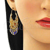 Oro Laminado Long Earring, Gold Filled Style Elephant and Evil Eye Design, Blue Resin Finish, Golden Finish, 02.380.0057.2
