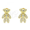 Oro Laminado Stud Earring, Gold Filled Style Teddy Bear Design, with White Micro Pave, Polished, Golden Finish, 02.156.0430