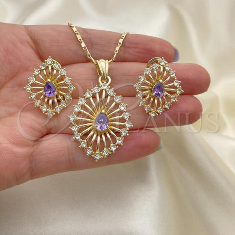 Oro Laminado Earring and Pendant Adult Set, Gold Filled Style with Amethyst Crystal and White Cubic Zirconia, Polished, Golden Finish, 10.160.0062.1