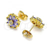 Oro Laminado Stud Earring, Gold Filled Style Flower Design, with Amethyst and White Cubic Zirconia, Polished, Golden Finish, 02.310.0023.1