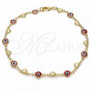 Oro Laminado Fancy Anklet, Gold Filled Style Evil Eye and Heart Design, Red Resin Finish, Golden Finish, 03.326.0008.1.10
