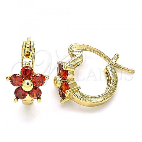 Oro Laminado Small Hoop, Gold Filled Style Flower Design, with Garnet Cubic Zirconia, Polished, Golden Finish, 02.210.0502.1.10