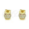 Oro Laminado Stud Earring, Gold Filled Style Owl Design, with White and Ruby Micro Pave, Polished, Golden Finish, 02.342.0169