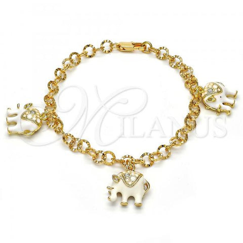 Oro Laminado Charm Bracelet, Gold Filled Style Elephant Design, with White Crystal, White Enamel Finish, Golden Finish, 03.63.1797.07
