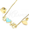Oro Laminado Earring and Pendant Adult Set, Gold Filled Style Love and Heart Design, Turquoise Enamel Finish, Golden Finish, 06.63.0214