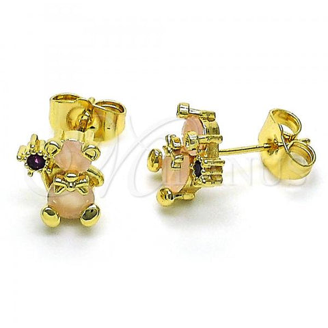 Oro Laminado Stud Earring, Gold Filled Style Teddy Bear Design, with Rose Water Opal and Ruby Cubic Zirconia, Polished, Golden Finish, 02.210.0767