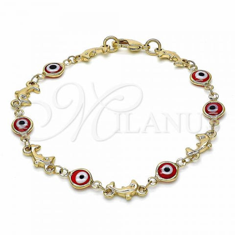 Oro Laminado Fancy Bracelet, Gold Filled Style Evil Eye and Dolphin Design, Red Resin Finish, Golden Finish, 03.326.0009.1.08