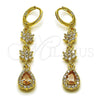 Oro Laminado Long Earring, Gold Filled Style Flower and Teardrop Design, with Champagne and White Cubic Zirconia, Polished, Golden Finish, 02.323.0108