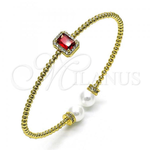 Oro Laminado Individual Bangle, Gold Filled Style Ball Design, with Garnet Cubic Zirconia and Ivory Pearl, Polished, Golden Finish, 07.228.0001