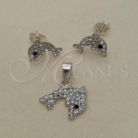 Sterling Silver Earring and Pendant Adult Set, Dolphin Design, with White Crystal, Polished, Silver Finish, 10.406.0001