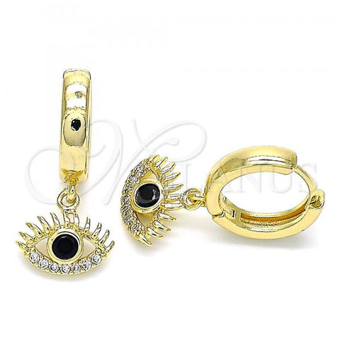 Oro Laminado Huggie Hoop, Gold Filled Style Evil Eye Design, with Black Cubic Zirconia and White Micro Pave, Polished, Golden Finish, 02.210.0513.15
