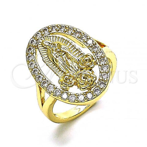 Oro Laminado Elegant Ring, Gold Filled Style Guadalupe and Flower Design, with White Cubic Zirconia, Polished, Golden Finish, 01.380.0022.09