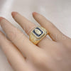 Oro Laminado Multi Stone Ring, Gold Filled Style Guadalupe and Greek Key Design, Black Enamel Finish, Golden Finish, 01.411.0003